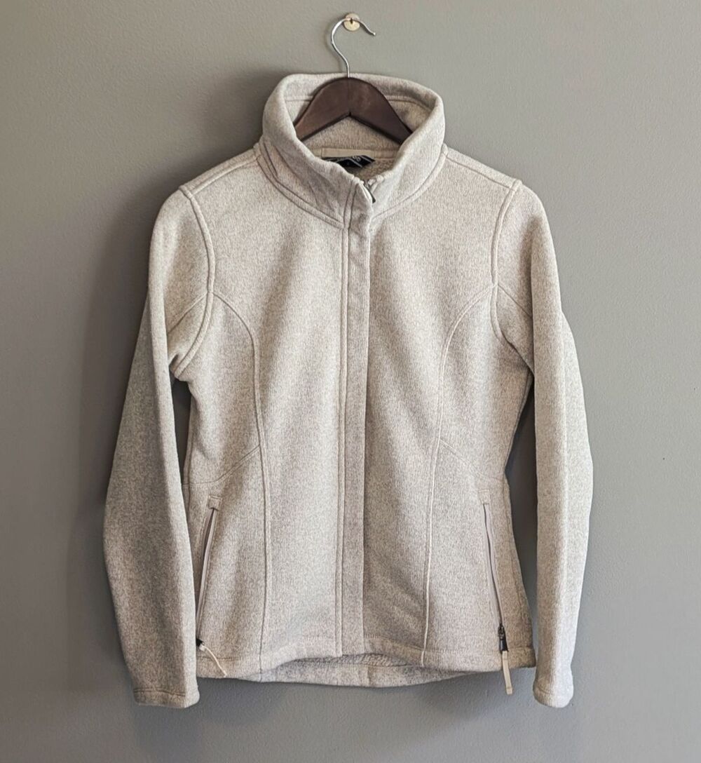 Lands End Womens Small Beige Cream Sweater Fleece Full Zip Jacket High Neck Warm